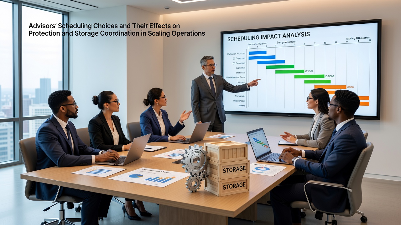 IT advisors reviewing scheduling timelines for protection and storage coordination during enterprise scaling