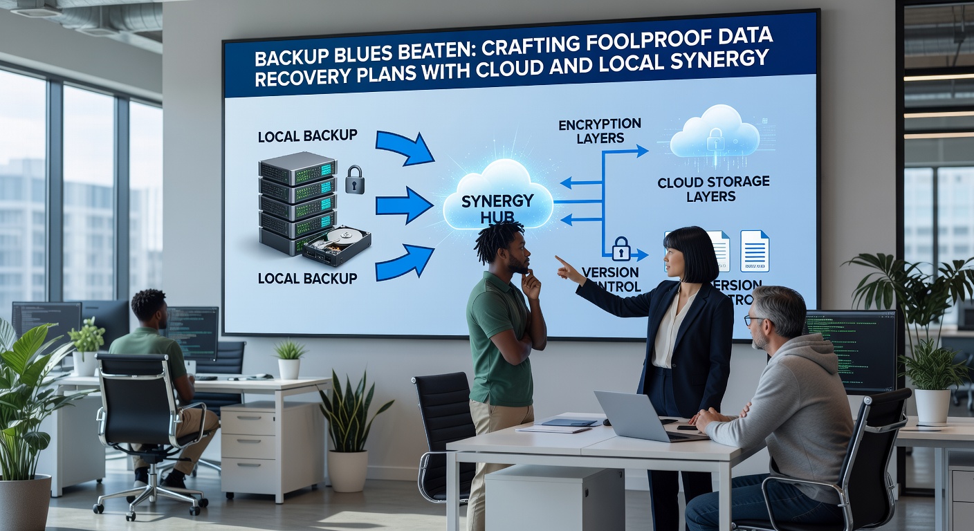 Diagram showing seamless integration between local hard drives and cloud storage servers for robust data backups