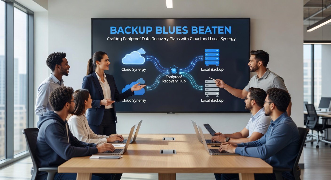 Visual representation of data flowing between a local server, external drive, and multiple cloud platforms in a hybrid backup ecosystem