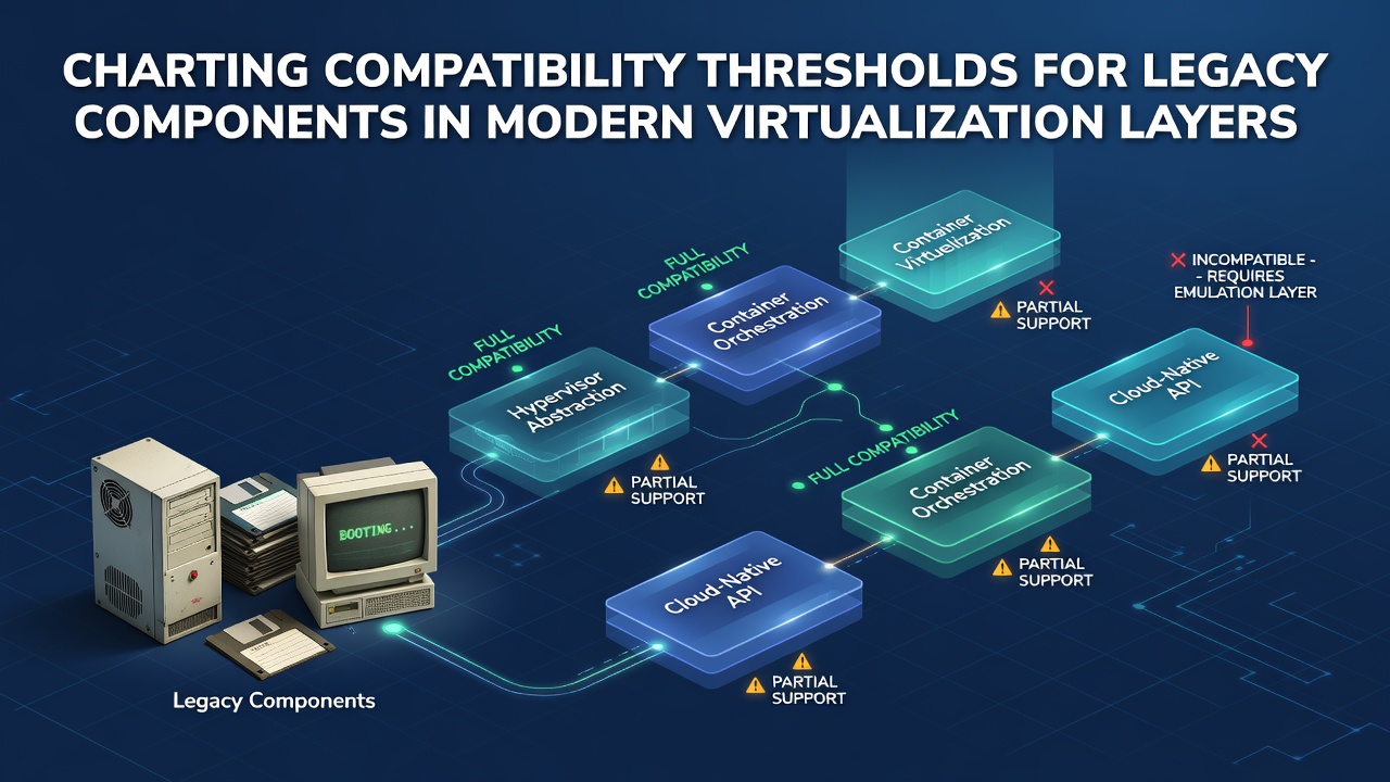 Visualization of legacy hardware components interfacing with contemporary virtualization layers in enterprise setups