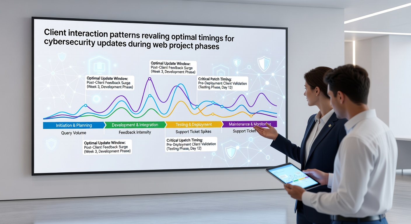 Timeline graphic showing quiet periods between client interactions where cybersecurity updates achieve higher completion rates