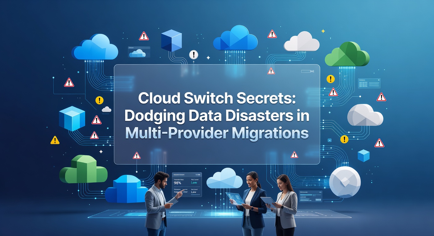 Visual representation of tangled cloud networks during a multi-provider migration, highlighting potential data bottlenecks and chaos