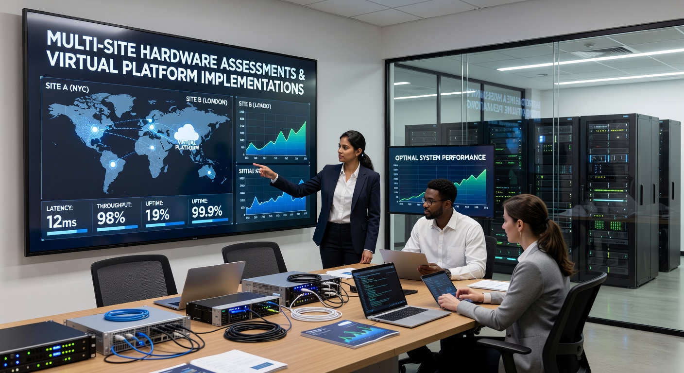 Multi-site hardware assessment teams reviewing server racks and virtual platform dashboards in a coordinated enterprise environment