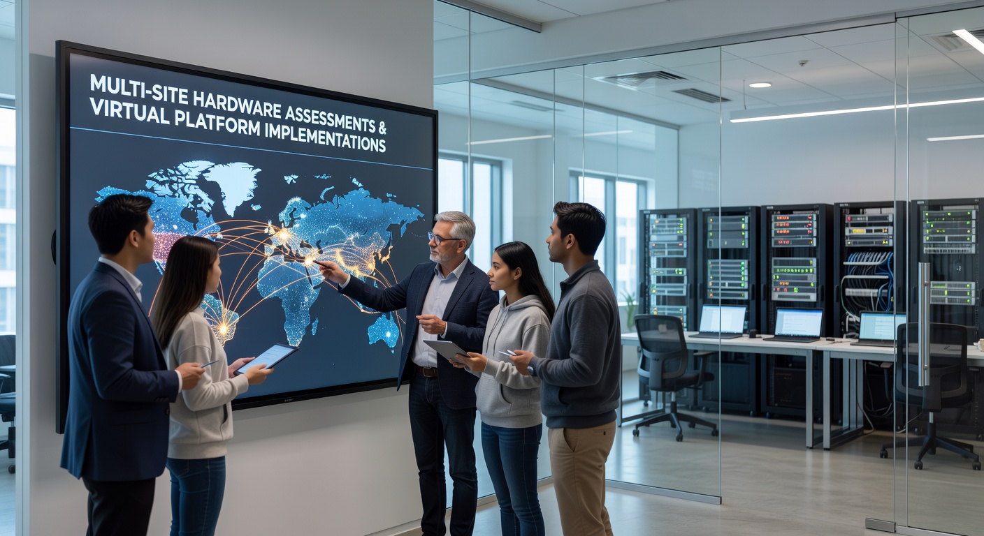 Virtual platform implementation team analyzing performance metrics from distributed hardware sites on unified monitoring screens