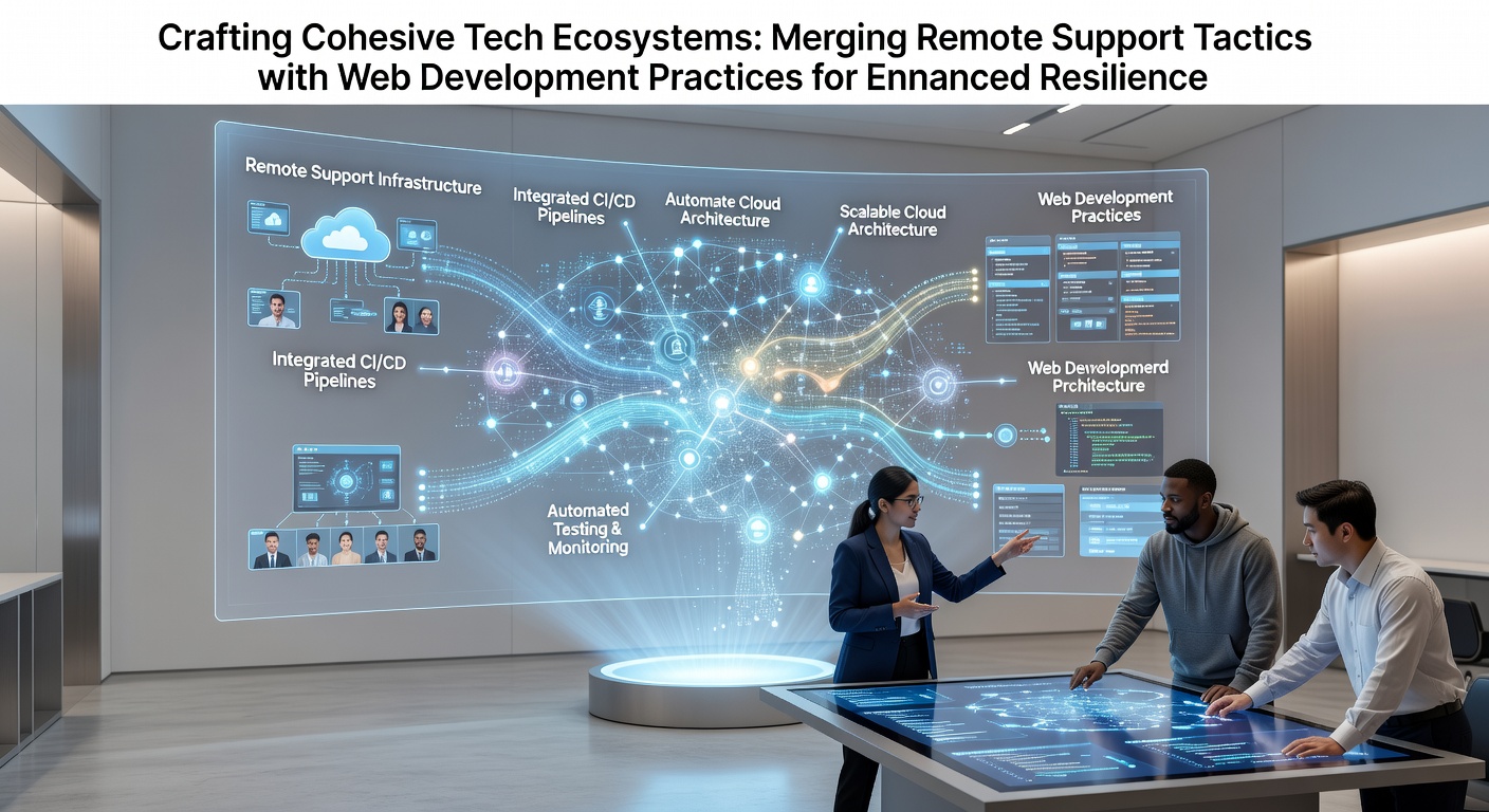Illustration of interconnected tech systems showing remote support tools integrated with web development frameworks for system resilience