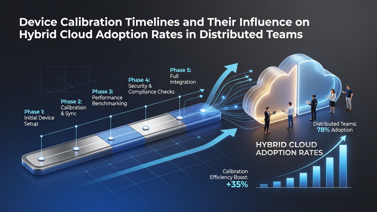 Distributed team members reviewing device calibration schedules on multiple screens in a hybrid cloud setup