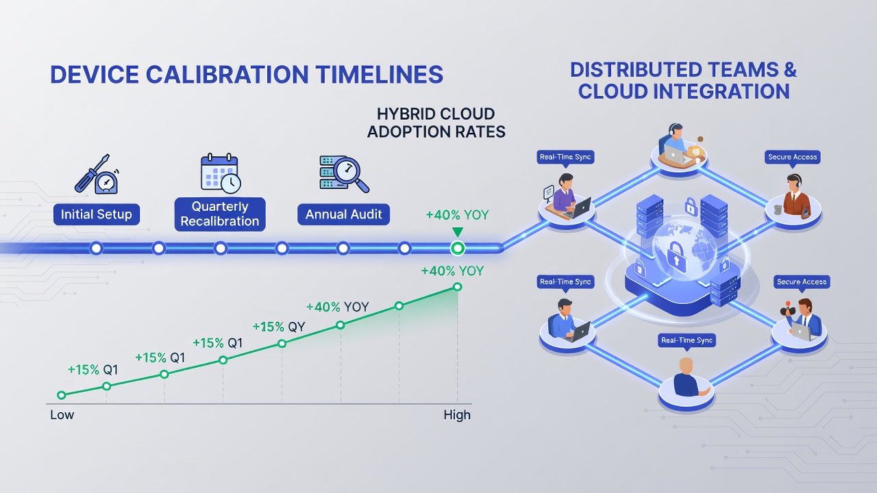Technical team coordinating device calibration across multiple time zones using cloud dashboards