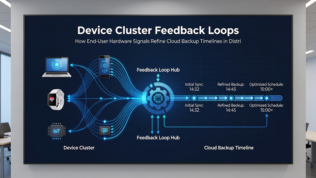Illustration of feedback loops adjusting backup timelines based on hardware metrics from multiple device clusters