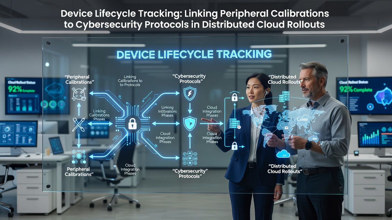 Distributed cloud rollout showing connected peripheral devices undergoing calibration checks across multiple enterprise sites