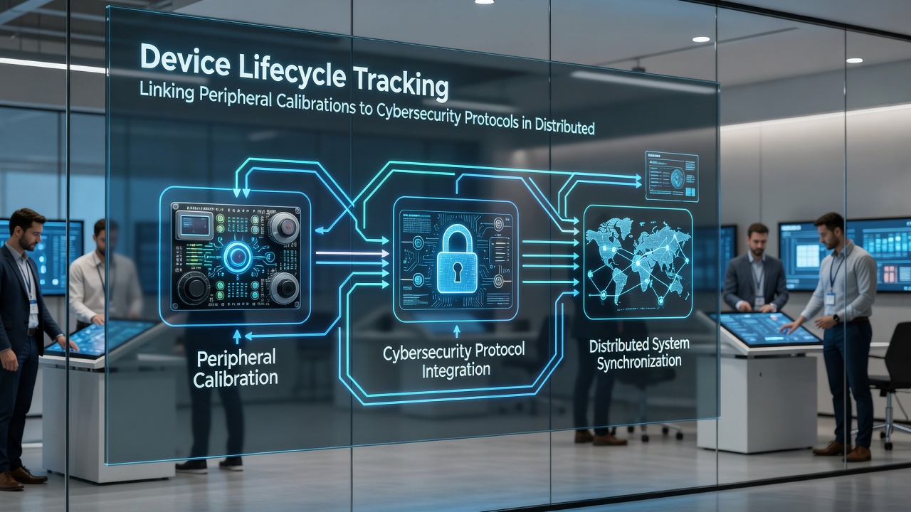 Enterprise dashboard displaying synchronized peripheral calibration data alongside cybersecurity compliance metrics during a cloud rollout