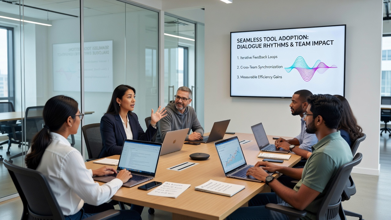 Diverse team collaborating around a conference table during a tech guidance session with laptops and diagrams visible