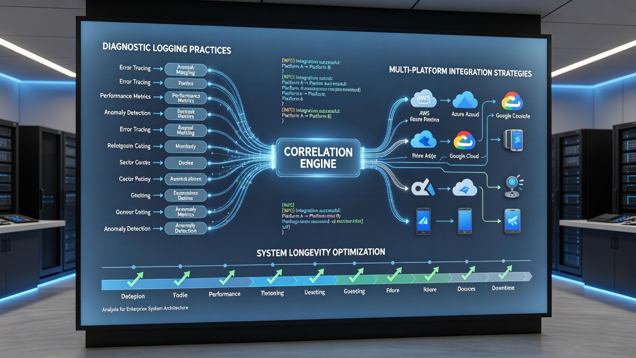 Diagnostic logging interfaces displayed across integrated multi-platform dashboards showing real-time system metrics and event correlations