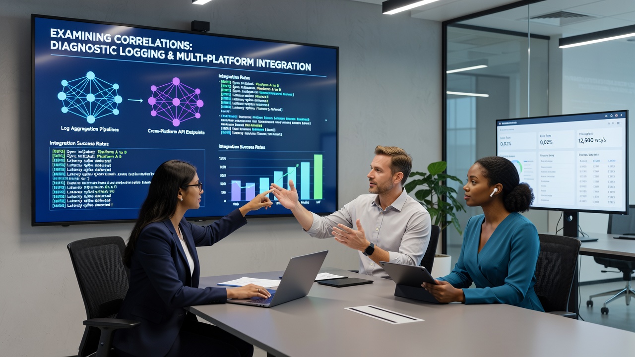 Multi-platform servers connected through diagnostic logging pipelines with overlaid integration flow diagrams and longevity trend charts