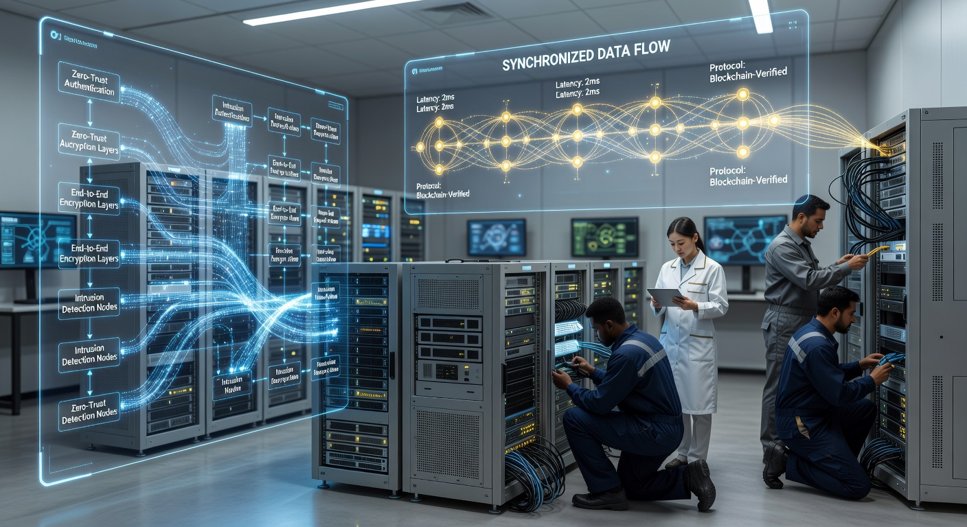 Distributed hardware systems with overlaid cybersecurity shields and synchronized data flows across multiple nodes