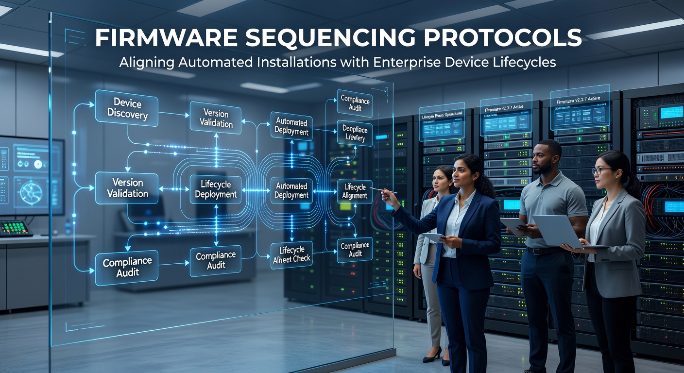 Enterprise server racks undergoing automated firmware updates in a data center environment