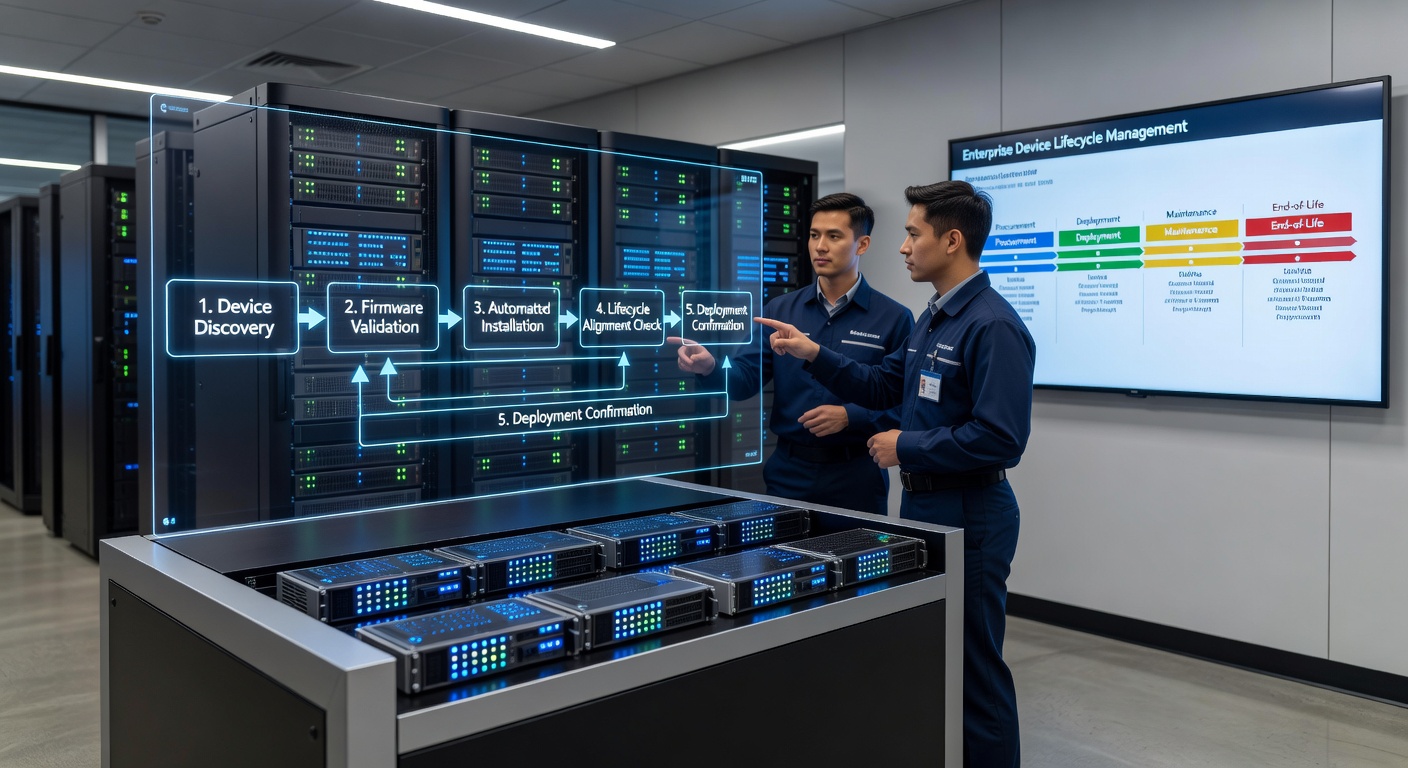 Technicians reviewing firmware update logs on monitoring dashboards during enterprise hardware maintenance