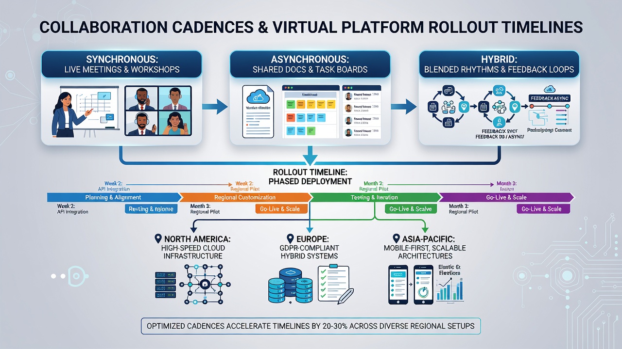 Distributed engineers reviewing virtual platform metrics during a scheduled cross-regional collaboration session