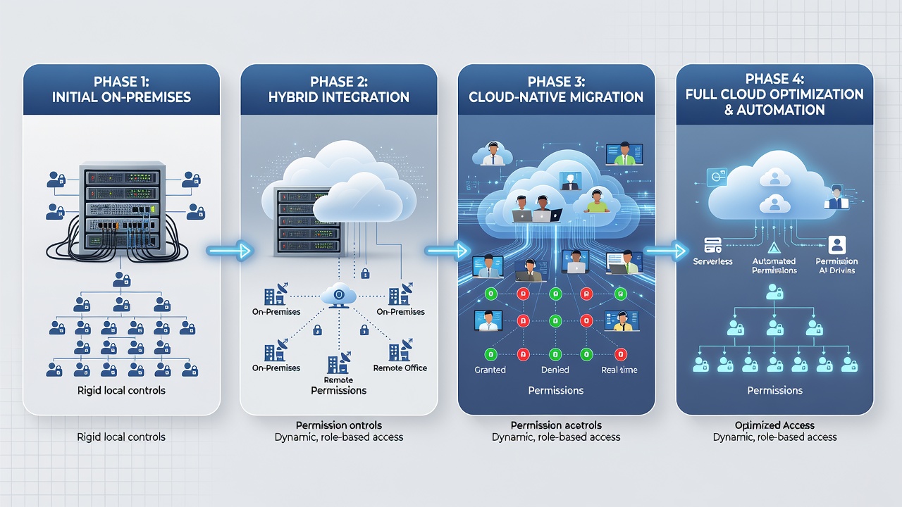 Flowchart illustrating evolving access controls from on-prem groups to cloud RBAC in remote networks