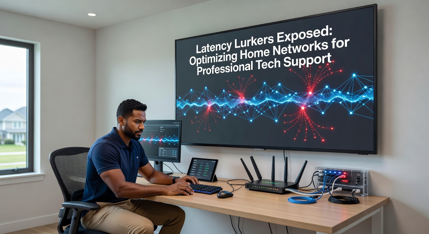 Diagram showing common sources of network latency in a typical home setup, including routers, WiFi signals, and connected devices