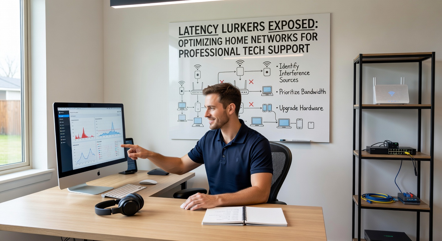 Tech professional analyzing network latency on a laptop screen surrounded by home networking equipment like routers and cables