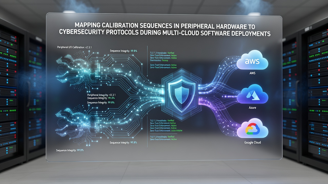 Diagram showing calibration sequences mapped to cybersecurity protocols across multi-cloud environments with peripheral hardware devices