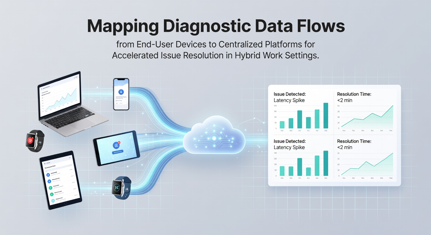 Diagram showing diagnostic data flowing from laptops and mobile devices in home offices to a centralized monitoring platform in a hybrid work environment