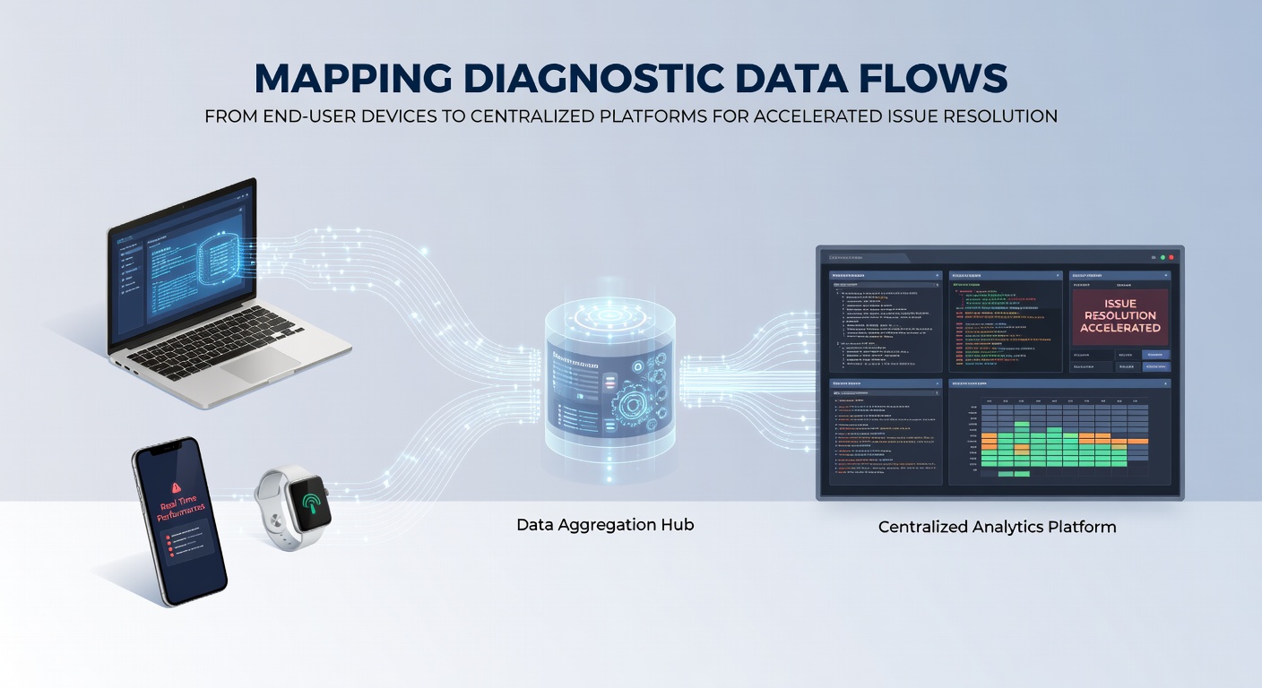 Illustration of a centralized analytics dashboard receiving real-time diagnostic streams from hybrid workers' devices across multiple locations