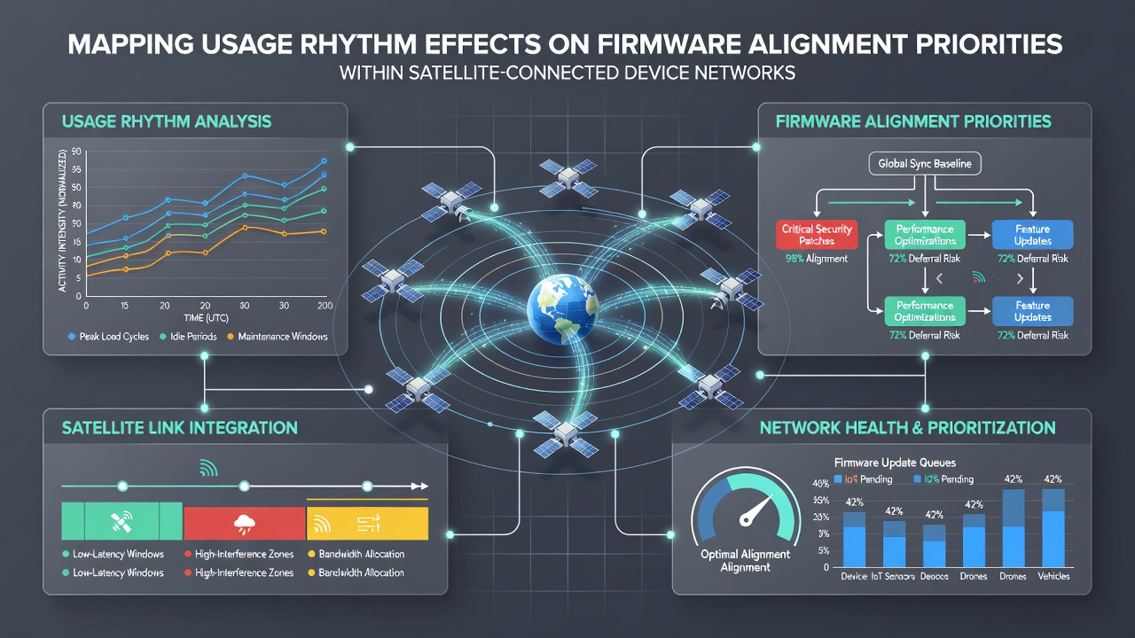 Data visualization of firmware update timelines aligned with satellite usage peaks and device activity cycles