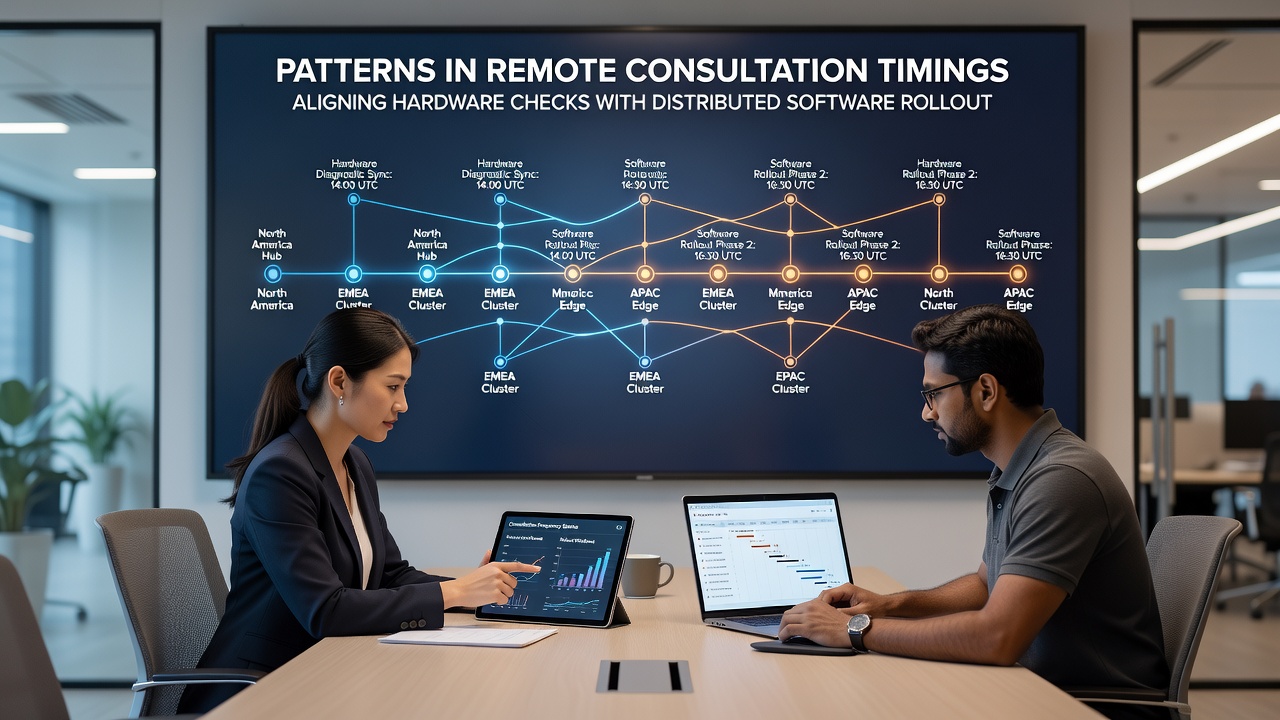 Distributed software rollout dashboard showing aligned hardware check milestones and remote session markers