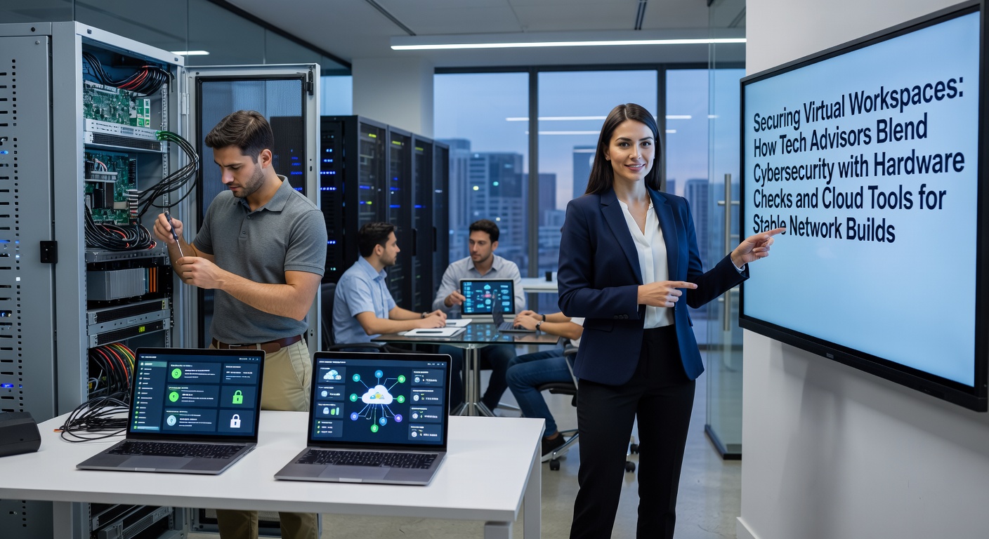 Tech advisor conducting hardware diagnostics alongside cybersecurity protocols in a virtual workspace environment