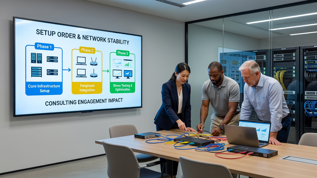 Consulting team reviewing network stability logs after sequenced hardware and software installations