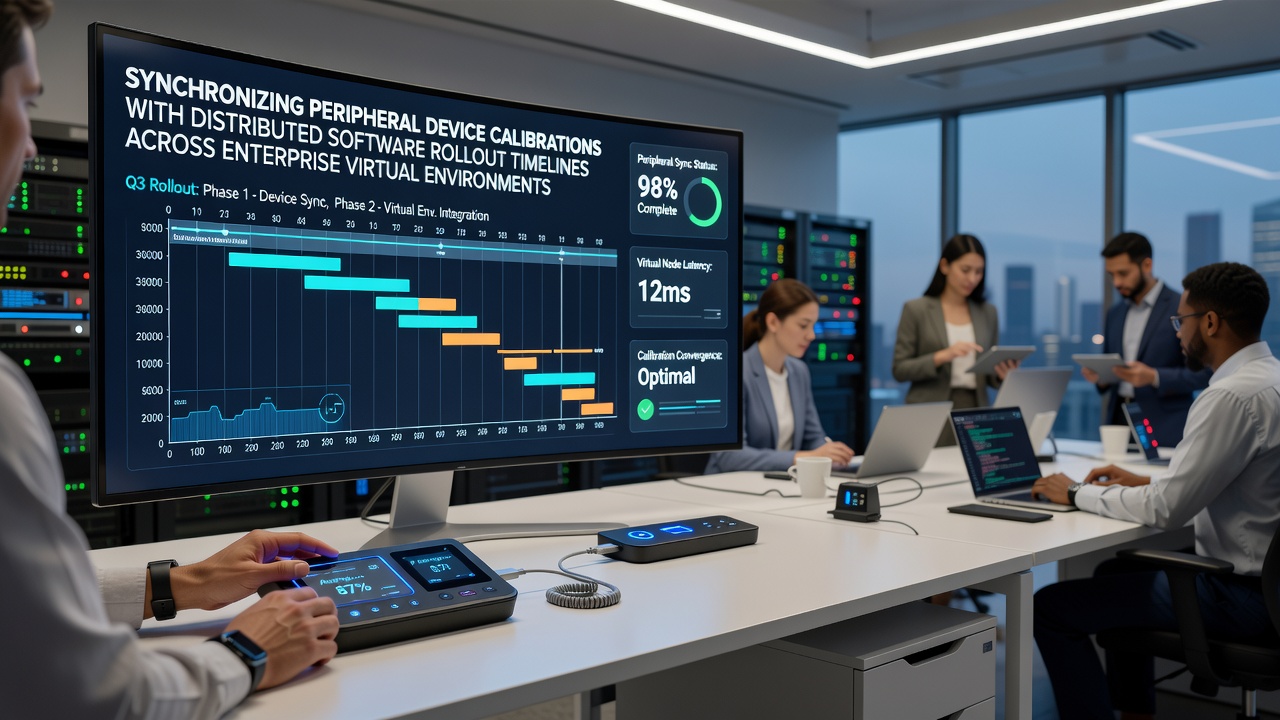 Enterprise virtual environment showing synchronized peripheral device calibration processes alongside distributed software rollout timelines