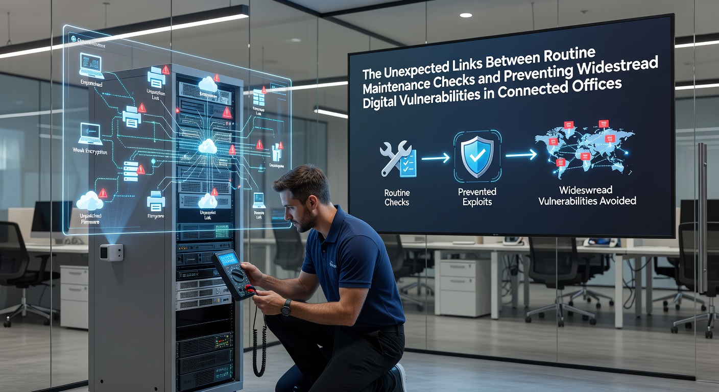 Technician performing routine network maintenance checks in a modern connected office environment