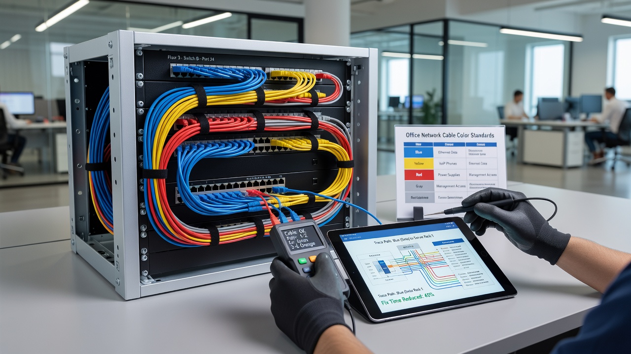 Technician using color-coded cables to trace connections in a layered office network environment