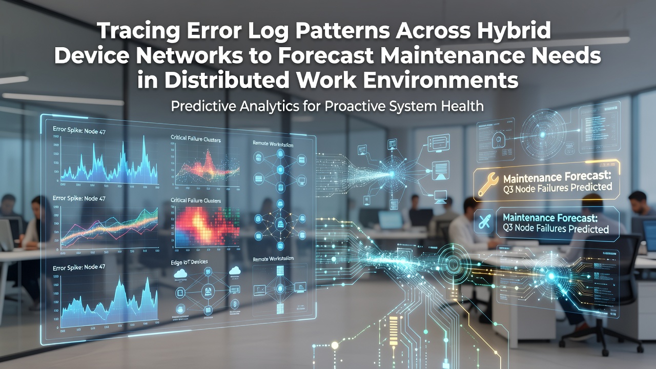 Network diagram showing error log flows from multiple hybrid devices to a central analytics platform in a distributed work setup