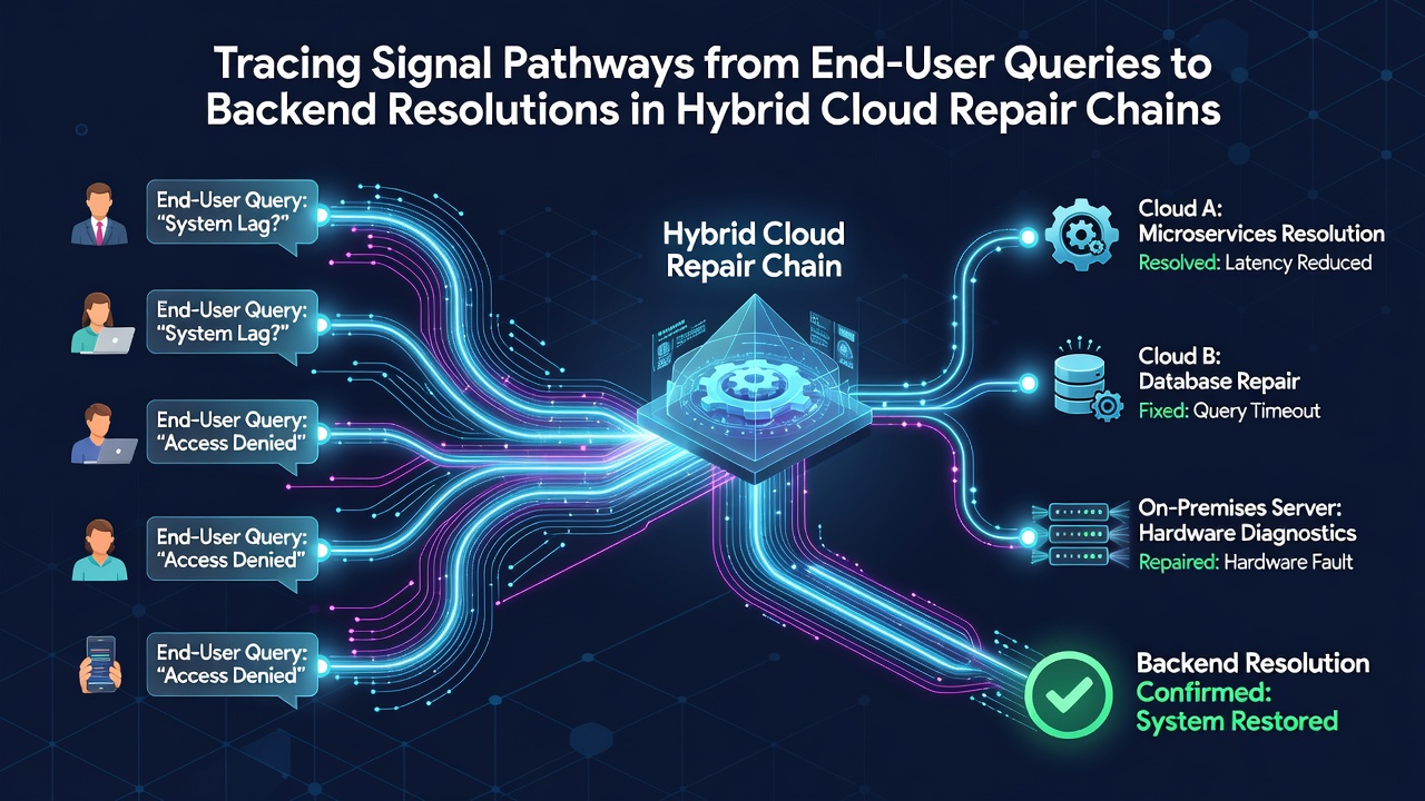 Diagram showing signal pathways from end-user devices through hybrid cloud layers to backend resolution systems
