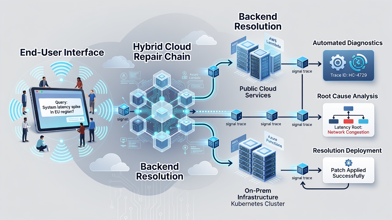 Flowchart illustrating backend processing stages in hybrid cloud repair chains with query routing arrows