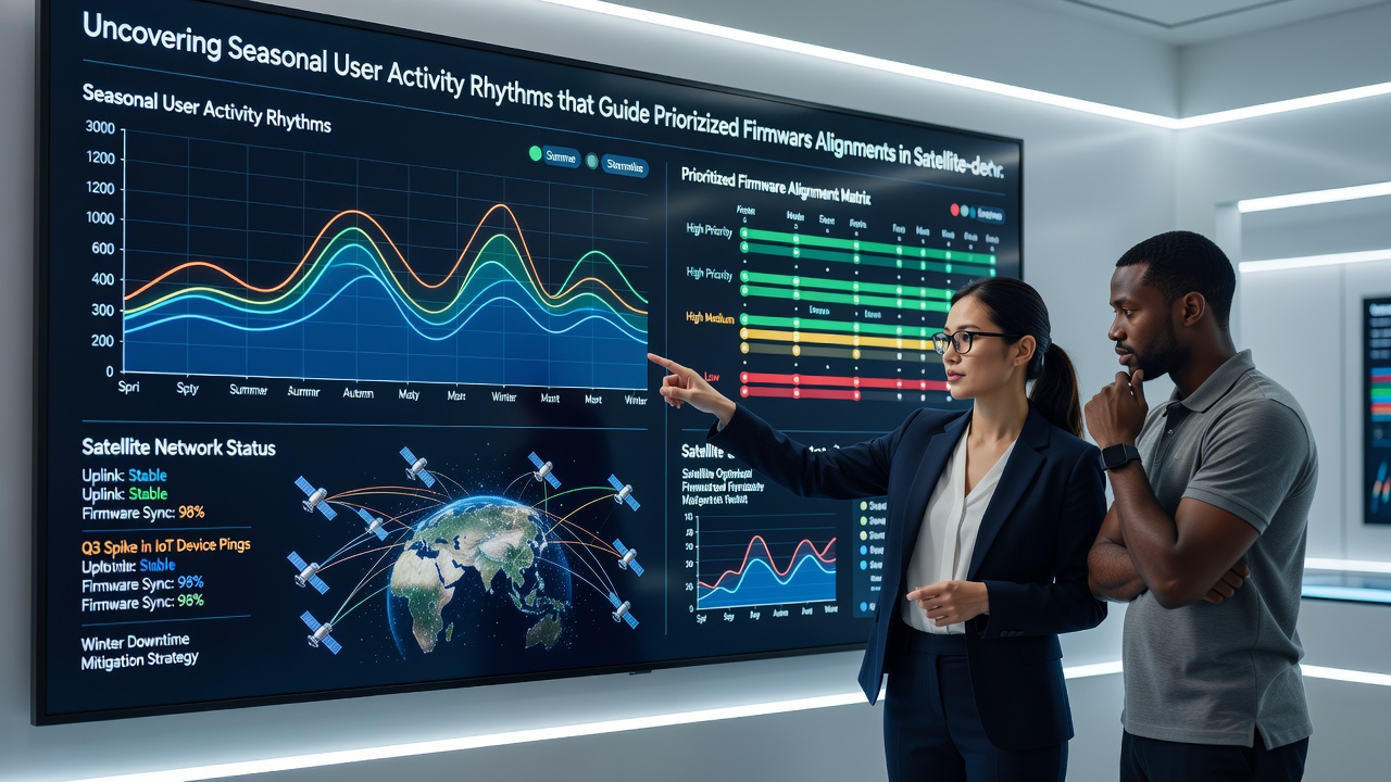 Technician monitoring satellite network dashboard displaying seasonal activity graphs